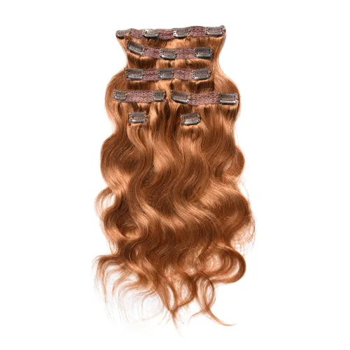 Vista 6 de viviaBella Extensiones de cabello humano ondulado con clip, color rojo cobre, 14 pulgadas, cabello virgen brasileño de doble trama, 7 unidades por