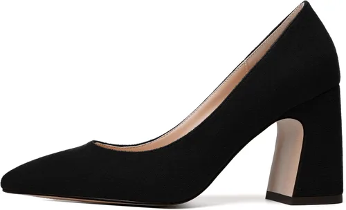 Vista 2 de MERRORI Zapatos de tacón alto y grueso para mujer, puntera puntiaguda, de gamuza, para oficina, sin cordones, zapatos de tacón de 3.3 pulgadas