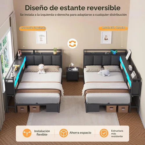 Vista 8 de Marco de cama de esquina doble con 4 cajones, estantería y cabecero de Negro