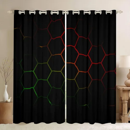 Vista 28 de Feelyou - Cortinas de ventana en forma de panal, tema geométrico hexagonal con luces de neón verdes, para chicos adolescentes y hombres, elegante