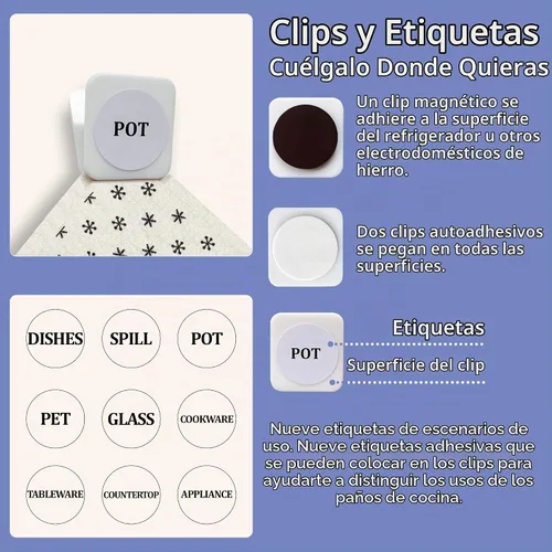Vista 4 de Eulnars - Toallas de papel reutilizables, paquete de 8 paños de cocina suecos con 3 clips, negro y blanco, algodón, 200 lavados Negro Blanco