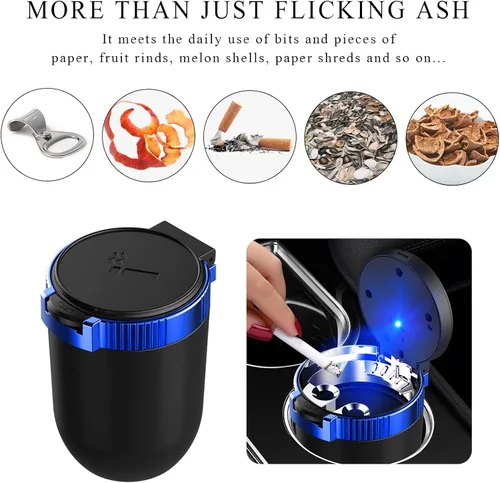 Vista 5 de Ohleats Cenicero de coche con tapa, cenicero desmontable de acero inoxidable con luz LED azul, cenicero portátil mini para vehículo, portavasos