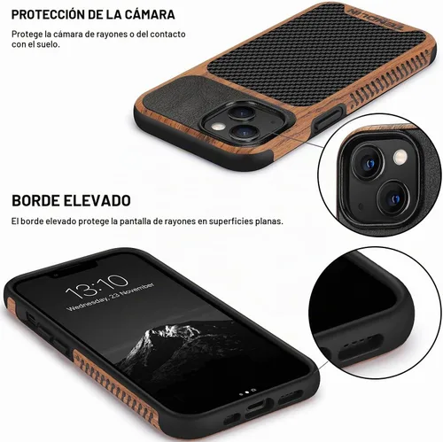 Vista 4 de TENDLIN Compatible con Funda para iPhone 13 de Grano de Madera con Textura de Fibra de Carbono Diseño Híbrido de Cuero Compatible para iPhone 13