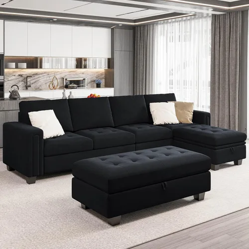 Vista 6 de Belffin Banco otomano rectangular de gran tamaño con almacenamiento, reposapiés tapizado de terciopelo para sala de estar y dormitorio (negro)