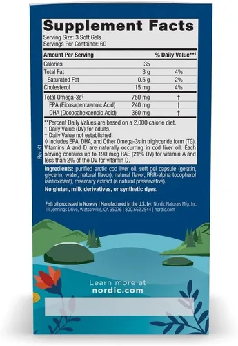 Vista 2 de Nordic Naturals Aceite de Hígado de Bacalao del Ártico, Limón - 180 Cápsulas Blandas - 750 mg de Omega-3 Totales con EPA y DHA - Salud del Corazón
