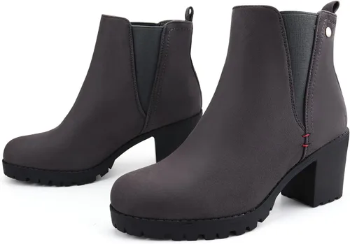 Vista 4 de JABASIC - Botines casuales de ante para mujer con tacón de bloque, botas de meter tipo Chelsea