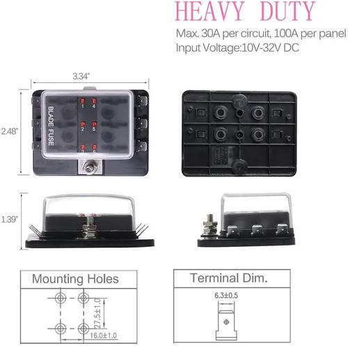 Vista 5 de Caja de fusibles de hoja de fusibles de 6 vías para autocaravana, caja de fusibles DC12~32V, 12V, indicador Jtron LED, bloque de fusibles