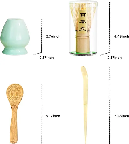 Vista 4 de Juego de batidor de matcha, 4 piezas, incluye batidor de bambú, cuchara, cuchara, soporte para batidor matcha. Juego de batidor matcha esencial