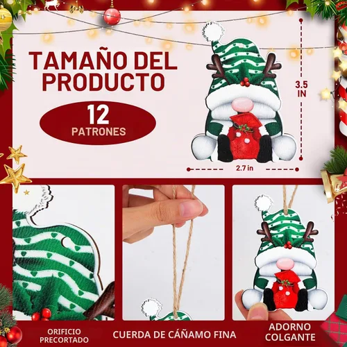 Vista 6 de 24 adornos de madera de gnomo de Navidad para colgar en el árbol de Navidad para suministros de fiesta de Navidad (Xmas-D)