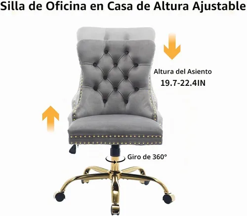 Vista 8 de Silla de escritorio de terciopelo gris con ruedas y base dorada, silla de oficina moderna giratoria cómoda, silla de tocador, silla de tarea, silla