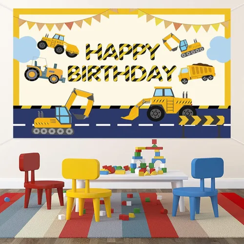 Vista 3 de Decoración de feliz cumpleaños con temática de construcción, excavadora, camión, camión volquete, grúa, telón de fondo de fotografía para niños