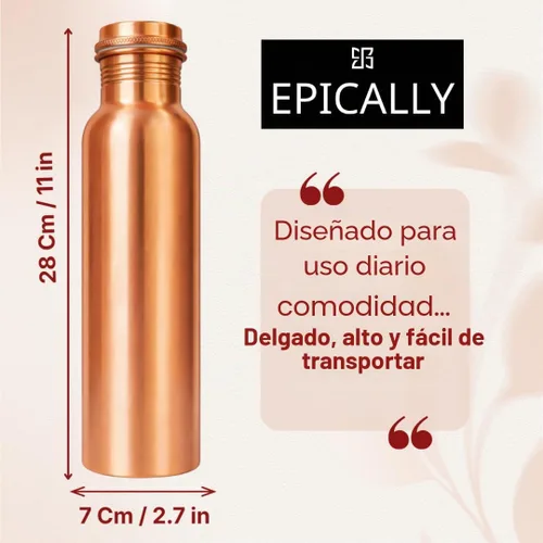 Vista 5 de Botella de agua de cobre puro 99.5% (32 onzas), probada con plomo, sin BPA, 2 juntas de silicona adicionales, resistente a abolladuras gruesas, a