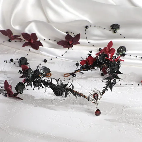 Vista 6 de MOSTORY Corona de flores de hada, corona de elfo floral, círculo de flores de bosque para mujer, Renfaire, Halloween Negro-rojo