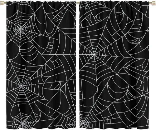 Vista 82 de Cortinas opacas de tela de araña aterradora para niños, tela de araña en blanco y negro, fondo rojo, dormitorio de niños, guardería, decoración