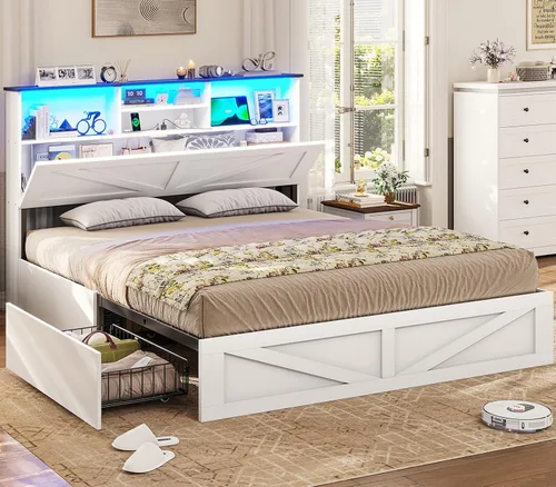 Vista 10 de VIAGDO Bastidor de cama estilo granja tamaño completo con cabecero de almacenamiento tipo librero, estación de carga y luces LED, bastidor de cama