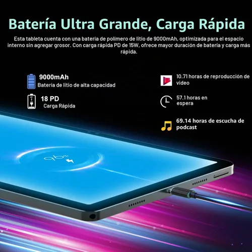 Vista 7 de Tablet Android 14 de 11 pulgadas 2000*1200 Pantalla 2K Tablets PC, T616 Octa-Core 2.0GHz, 18GB RAM 128GB ROM 1TB Expandible, Cámara AI 5+5+13MP