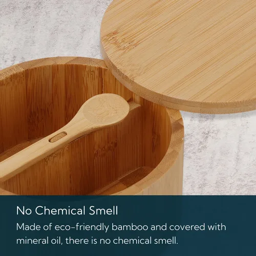Vista 5 de KITCHENDAO Caja de bambú para sal y pimienta, recipiente dividido, cuchara de servir integrada para evitar el polvo, tapa giratoria para mantenerse