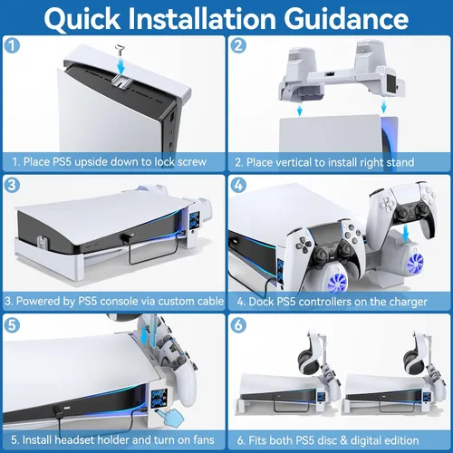Vista 5 de Soporte horizontal para PS5 con ventiladores de refrigeración de 3 niveles para consola Playstation 5, controlador de accesorios PS5, estación