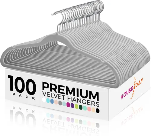 Vista 10 de HOUSE DAY - Paquete de 50 perchas de terciopelo premium, perchas antideslizantes de fieltro aterciopelado, perchas resistentes para ropa con gancho