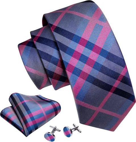 Vista 24 de Barry.Wang Juego de corbatas a cuadros para hombre con pañuelo gemelos de rayas clásicas