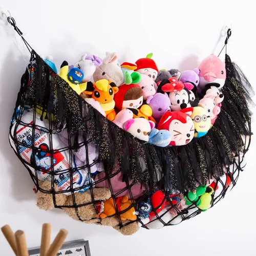 Vista 8 de Hamaca grande de animales de peluche con luz montada en la pared, hamaca Squishmallow de peluches, organizador de juguetes, hamaca de macramé Negro