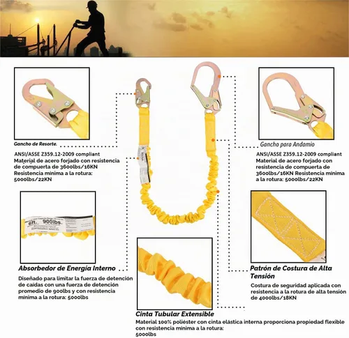 Vista 4 de Cordón de Seguridad Extensible de Una Sola Pierna de 6 Pies con Protección contra Caídas y Absorción de Impactos Interna con Conectores de Gancho