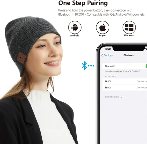 Vista 3 de Merino - Gorro de lana con Bluetooth 5.2, estéreo HD, 30 horas de tiempo de reproducción, micrófono integrado, regalo electrónico de Navidad