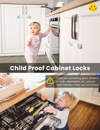 Vista 6 de Paquete de 2 cerraduras de seguridad a prueba de bebés seguras para niños, para gabinete, cajón, refrigerador, horno, lavavajillas, puertas, asiento