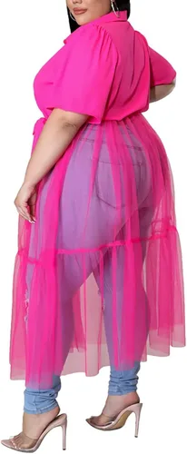 Vista 2 de Sunlips Vestido sexy con solapa para mujer, talla grande, con malla, transparente, manga corta, con vuelo, para discoteca