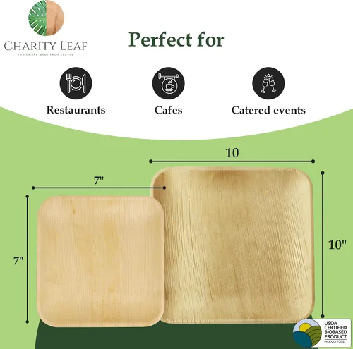 Vista 3 de Juego de 50 platos de hoja de palma Platos cuadrados de 25 x 10 pulgadas y 25 x 7 pulgadas Perfecto para fiestas, bodas y uso diario