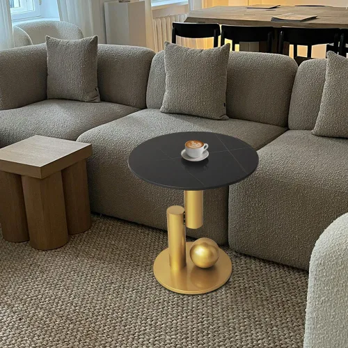 Vista 2 de Mesa auxiliar con parte superior de mármol, mesa auxiliar de metal dorado, mesa auxiliar moderna para sofá, mesa auxiliar redonda de café para sofá