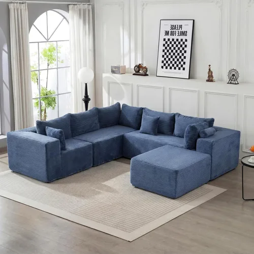 Vista 11 de Sofá modular modular con otomana, sofá modular de 5 plazas, sofá tipo nube con tela de pana, no requiere montaje para sala de estar grande