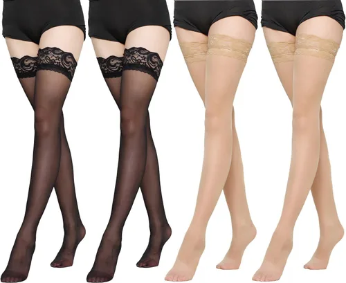 Vista 5 de FOMANN Medias de seda altas de encaje para mujer (4 pares) medias transparentes para mujer Beige