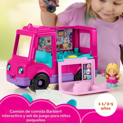 Vista 2 de Fisher-Price Little People Barbie Camion de Cupcakes Musical - Juego de juguete con 9 piezas para juego de simulación para niños de 18+ meses