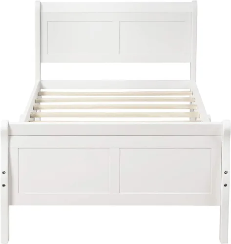 Vista 5 de Knocbel Base de cama de plataforma de madera con cabecera y estribo de trineo, capacidad de 200 libras, tamaño individual (blanco)
