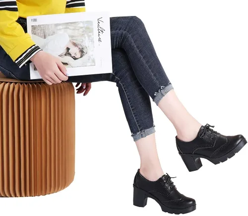 Vista 8 de DADAWEN - Zapatos clásicos de cuero para mujer, con cordones, de tacón medio cuadrado y grueso con plataforma y puntera, para pantalones oxford