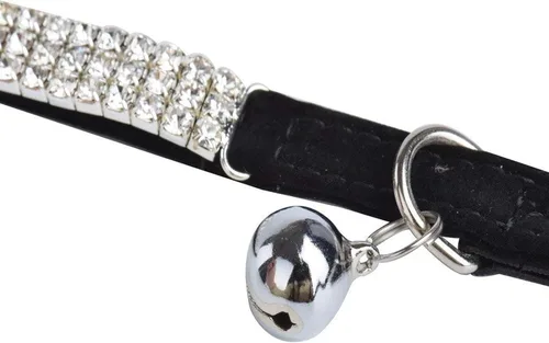 Vista 6 de Collar ajustable seguro para gatos CHUKCHI de terciopelo suave Adorno ostentoso de diamante con campanas de 11 pulgadas para perros pequeños y Negro