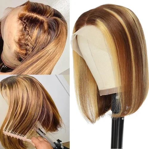 Vista 34 de Peluca de cabello humano lacio marrón con reflejos de 13 x 4, peluca frontal de encaje transparente #4, peluca corta Bob para mujeres negras