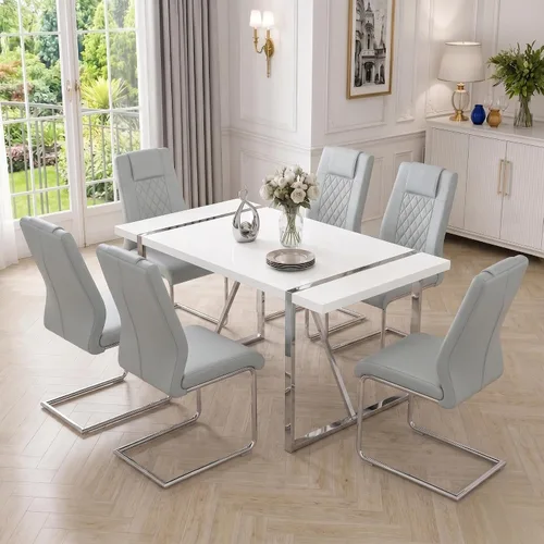 Vista 30 de Juego de mesa de comedor moderna de 55 pulgadas para 4, mesa de comedor negra y marco de metal dorado, mesa de comedor rectangular con 4 sillas
