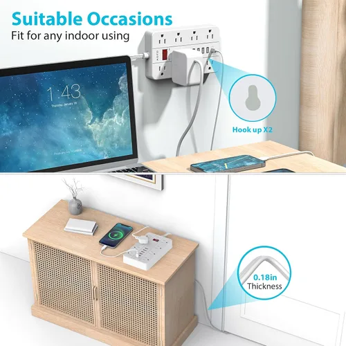 Vista 5 de Protector de sobretensiones con 6 puertos USB (1USB C), cable de extensión AOFO de 5 pies con 8 tomas ampliamente espaciadas, estación de carga