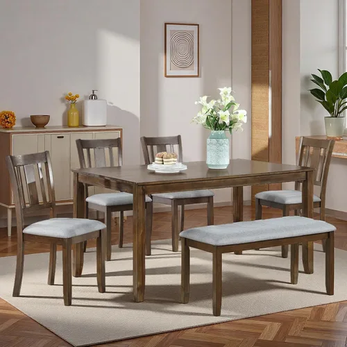 Vista 26 de Juego de mesa de comedor de 6 piezas con banco y 4 sillas Negro Beige-1