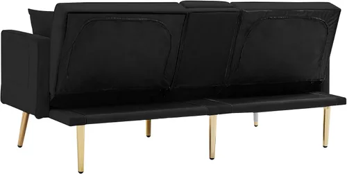 Vista 7 de Moderno sofá cama biplaza de terciopelo con 2 bolsillos, sofá cama convertible tapizado con respaldo múltiple ajustable, futón con patas doradas