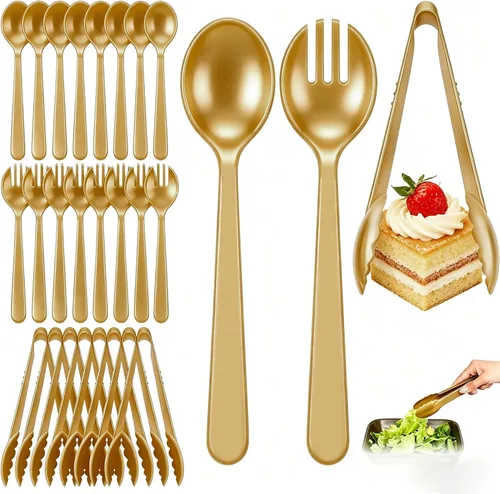 Vista 12 de Juego de 24 utensilios de plástico beige para servir, cucharas, tenedores y pinzas desechables resistentes (8 de cada uno), suministros de catering