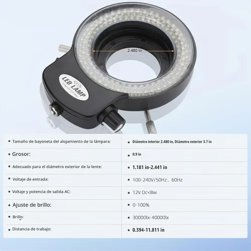 Vista 4 de Luz de microscopio de anillo de 144 LED, iluminador ajustable para microscopios estéreo de laboratorio y cámara