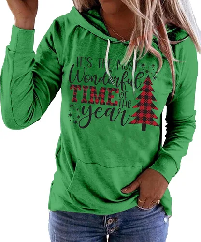 Vista 18 de LLHXRUI Sudadera de Navidad con diseño de árbol a cuadros y rayas para mujer, camiseta con bolsillo con capucha, manga larga, bloque de color Como