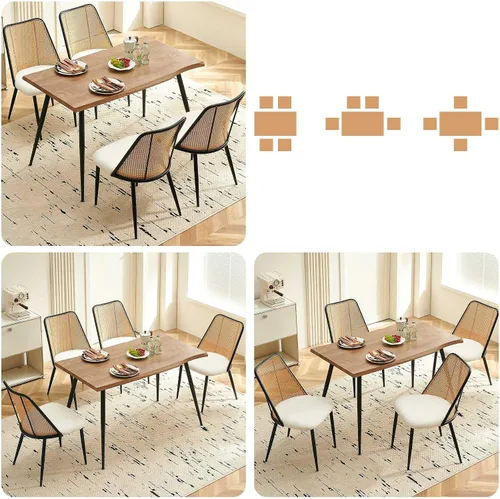 Vista 6 de NORDICANA Dining Table Set for 4, Kitchen Table and 4 Chairs, 5 Pieces Dinette Wood Table with Beige Boucle Chiars, Rattan Backrest
