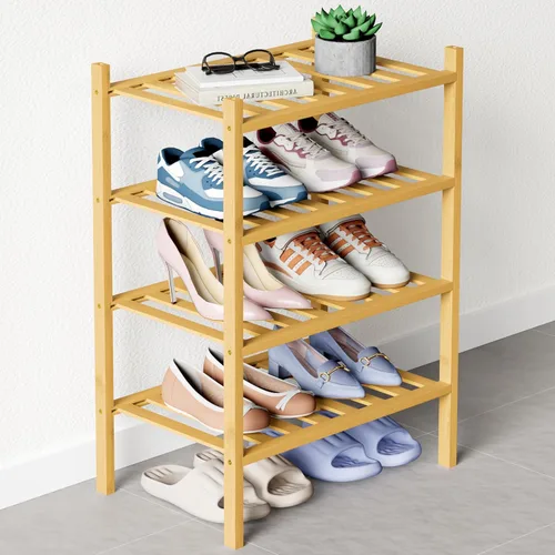 Vista 39 de Smiry Zapatero de bambú para armario, organizador de zapatos de madera de 3 niveles, estante apilable de almacenamiento de zapatos de madera