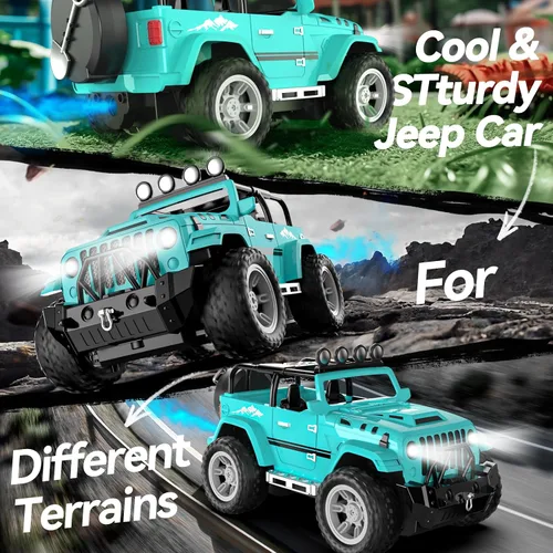 Vista 7 de DEERC Coche de Control Remoto con Neblina y Música, Camión de Control Remoto 1:16 para Niños, Juguete de Coche RC de 2.4Ghz con 2 Baterías, Regalo