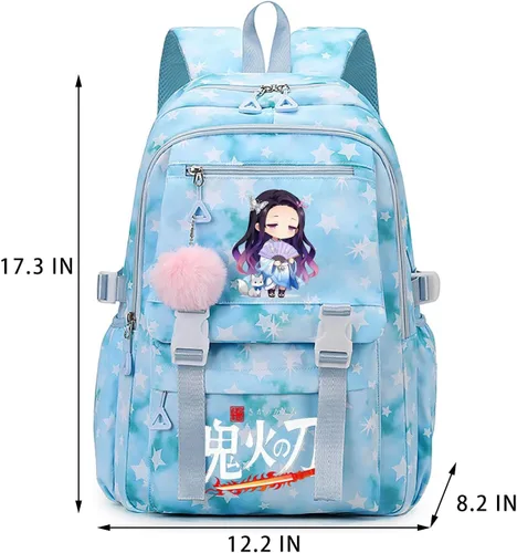 Vista 2 de ZJYJING Mochila de anime para niñas y niños con patrón de estrellas con colgante para viajes y escuela, Azul, Grande, Mochila media primaria