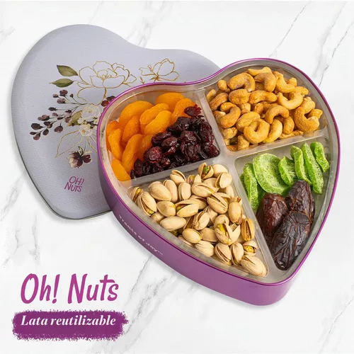 Vista 2 de Oh! Nuts Cesta de regalo de frutas secas y nueces en forma de corazón – 6 variedades dulces y saladas surtido de lata – pistachos, anacardos